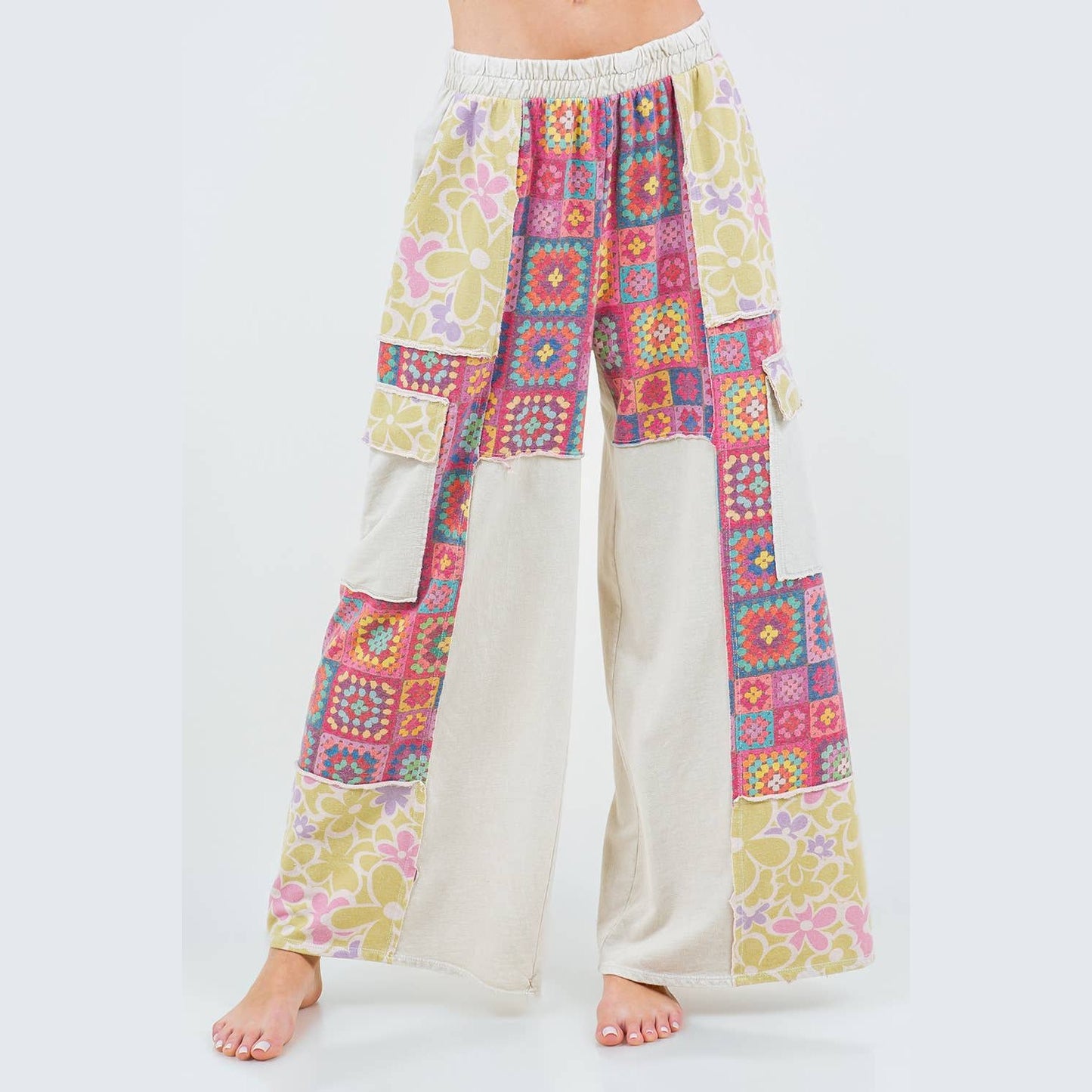 Mineral Wash Boho Crochet Floral Printed Pants