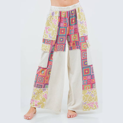 Mineral Wash Boho Crochet Floral Printed Pants