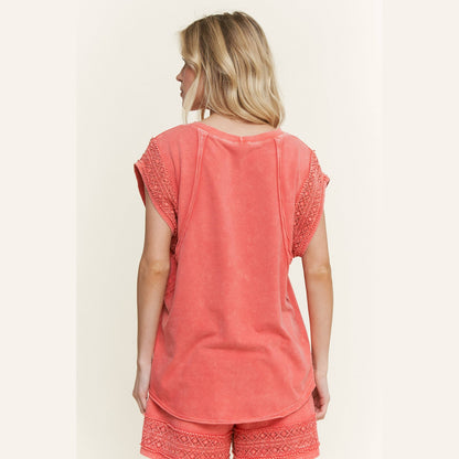 Mineral Wash Trim Cap sleeve Blouse