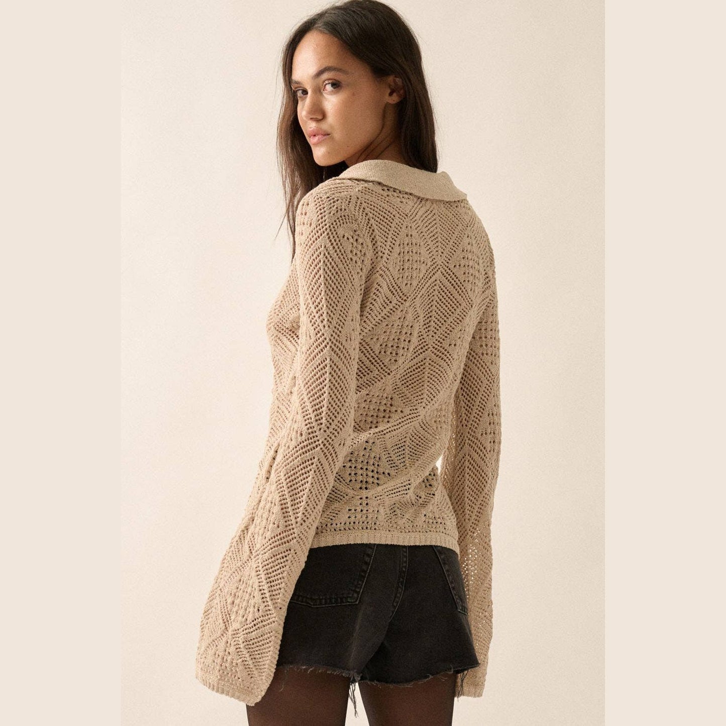 Solid Geometric-Pointelle Bell-Sleeve Cardigan