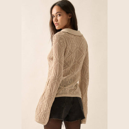 Solid Geometric-Pointelle Bell-Sleeve Cardigan