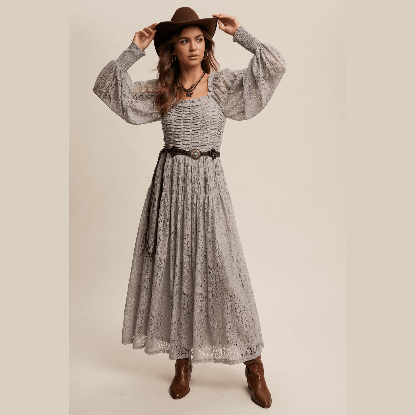 Vintage Lace Maxi Dress with Smocked Details