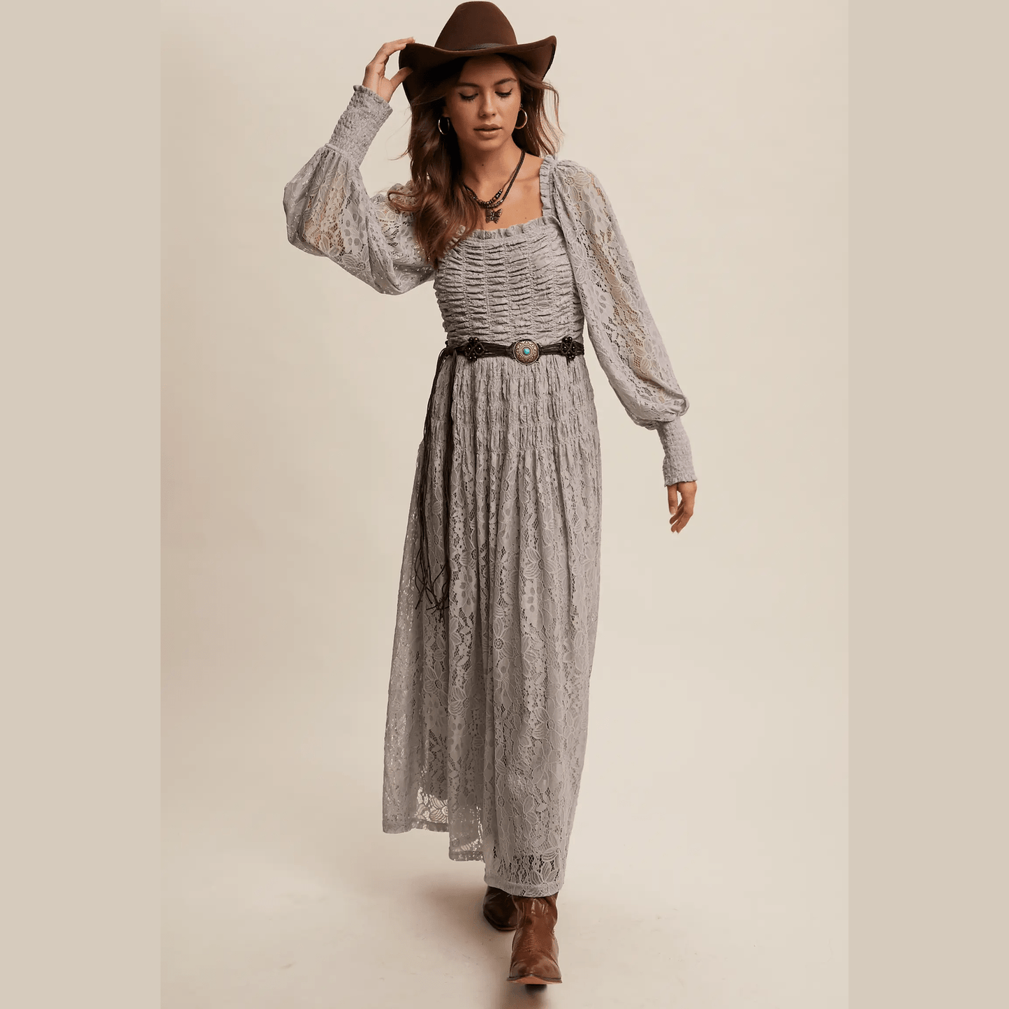 Vintage Lace Maxi Dress with Smocked Details