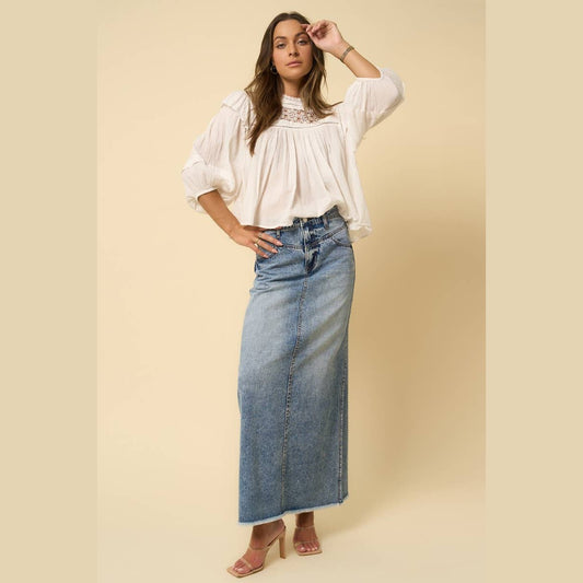 Fray Hem Frayed Hem High Rise Flared Maxi Skirt