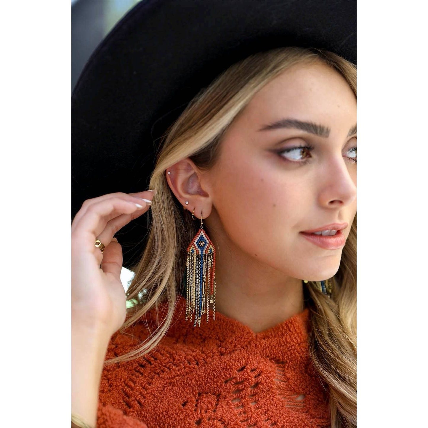 🌟 Statement Fringe Feather Bead Earrings