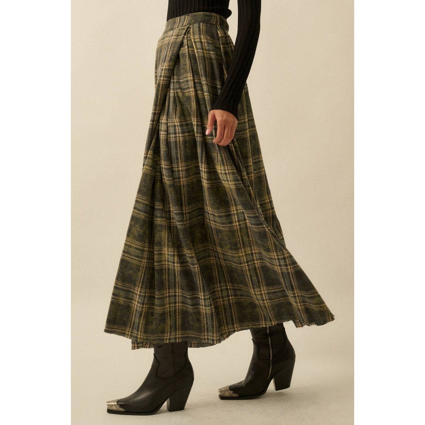 Plaid Flannel Pleated Wrapped Raw-Edge Maxi Skirt