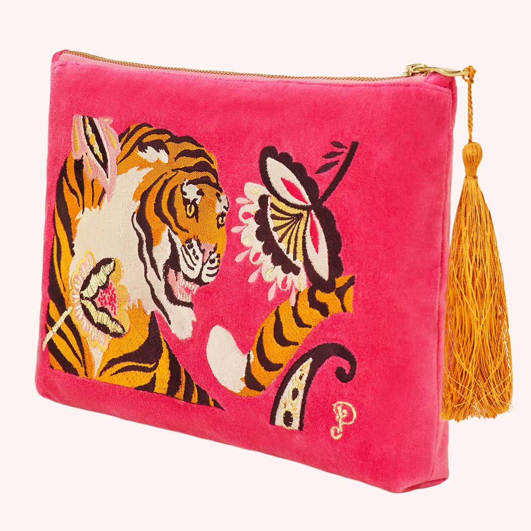 Velvet Embroidered Zip Pouch - Thrill of the Tiger