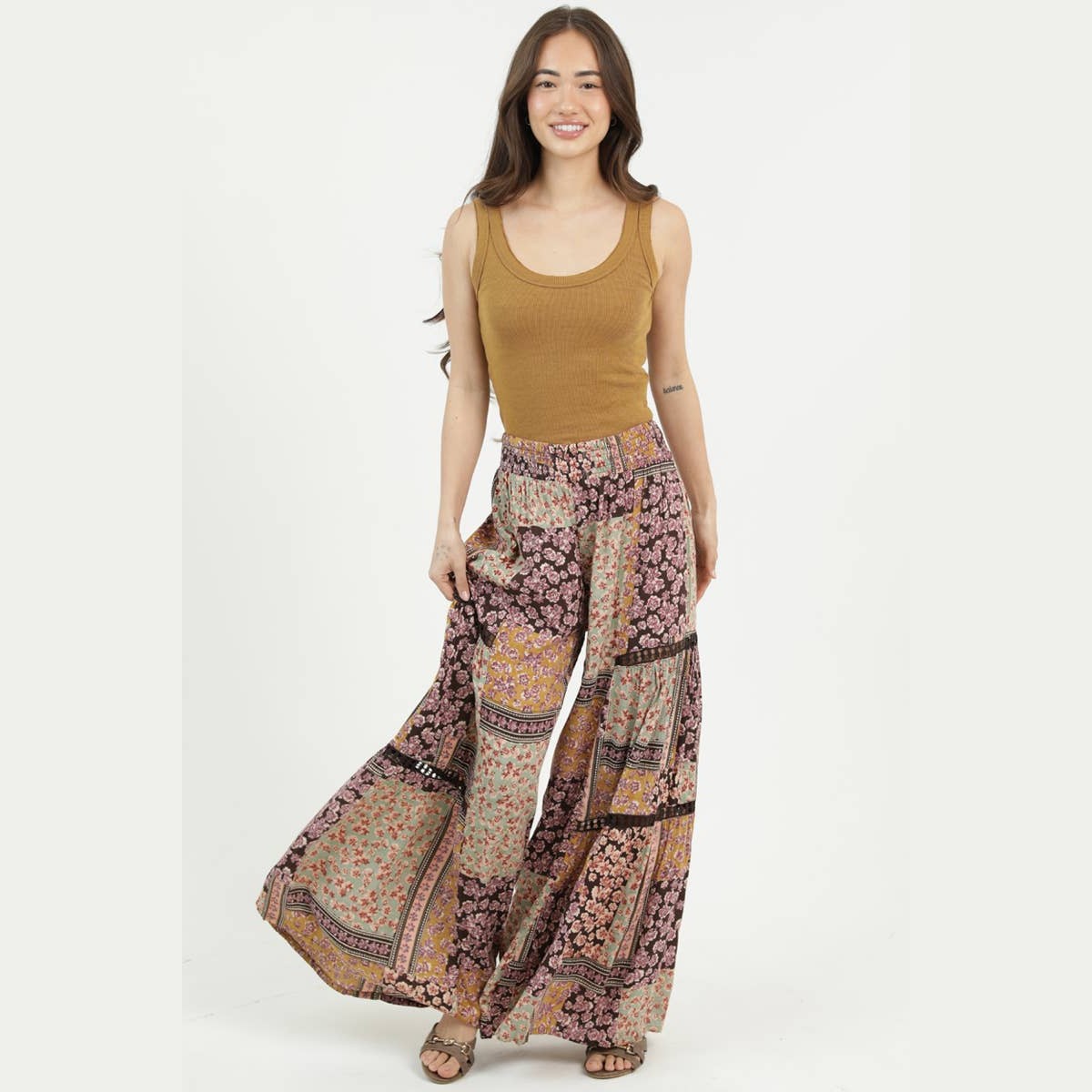 PRINTED WIDE LEG FLARE PANTS WITH LACE TRIM