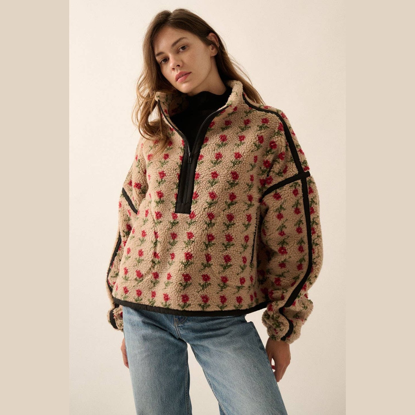 Floral-Print Fleece Half-Zip Pullover Jacket