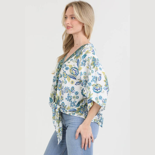 Blue and Green Floral V-Neck Kimono Top