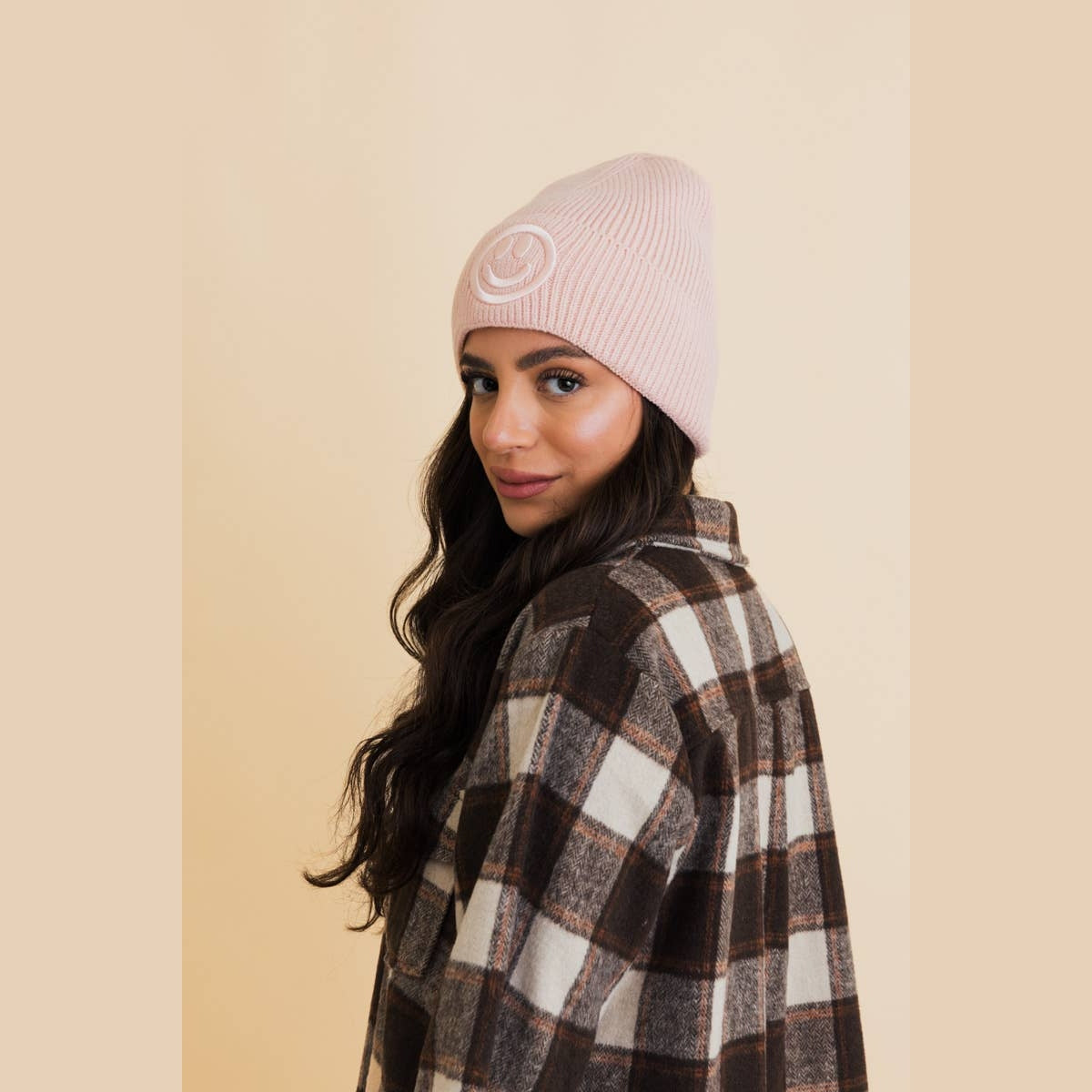 Happy Face Embroidered Ribbed Knit Beanie