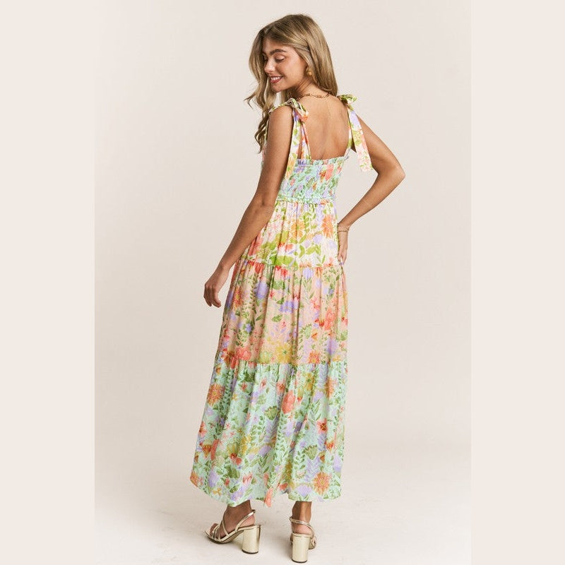 Patsy Smocked V-neck Tiered Multi Print Dress