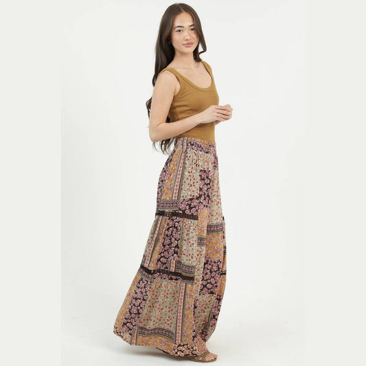 PRINTED WIDE LEG FLARE PANTS WITH LACE TRIM