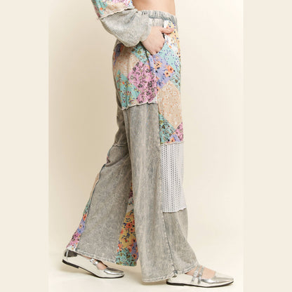 Mineral Washed Floral Wave Knit Jacquard Boho Pants