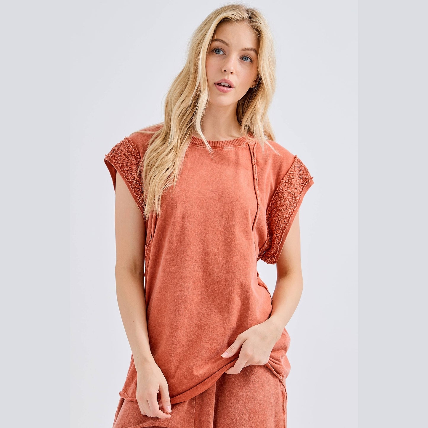 Mineral Wash Trim Cap sleeve Blouse