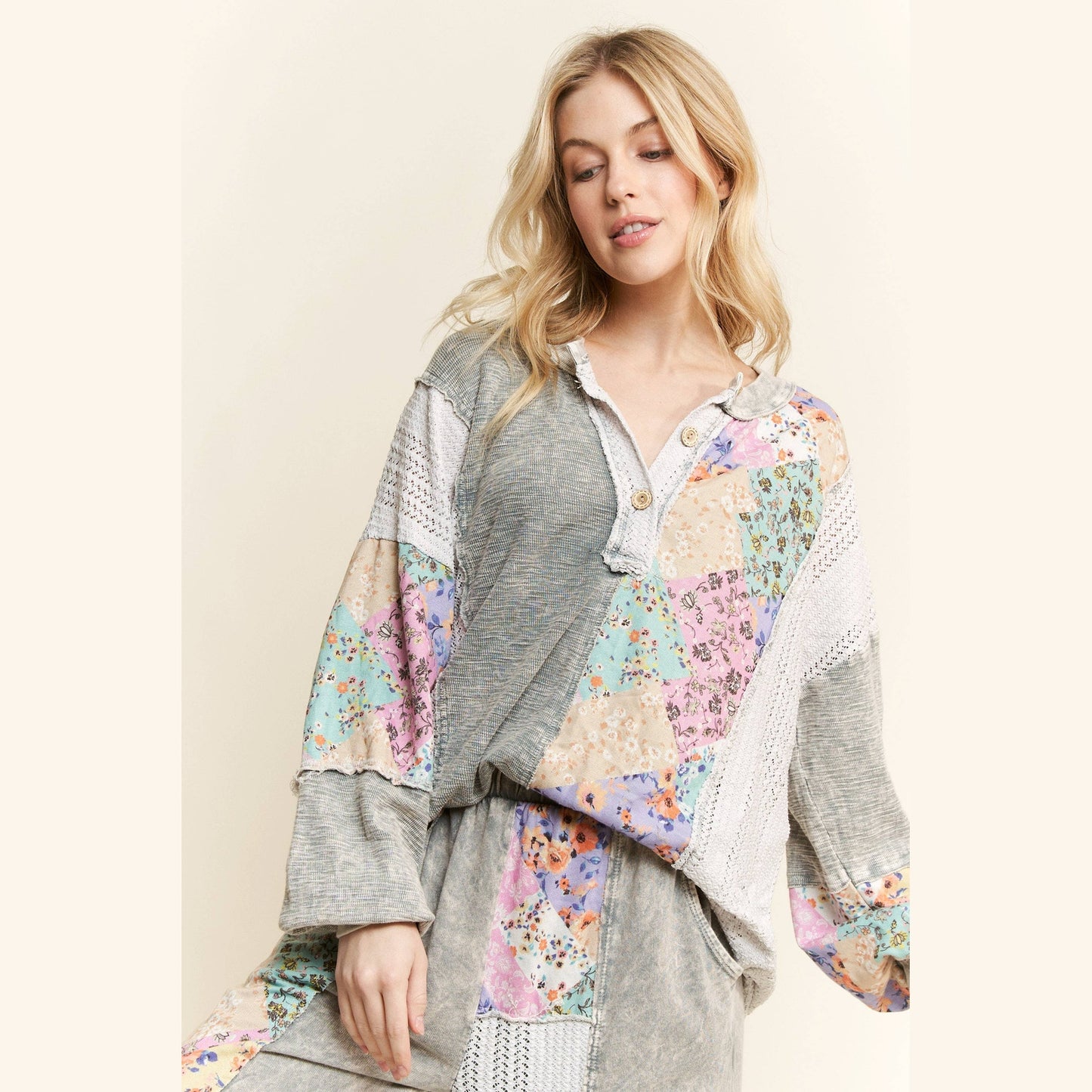 Mineral Washed Floral WaveKnit Jacquard Boho Top