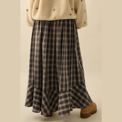 Plaid Flannel Button-Front Drawstring Maxi Skirt