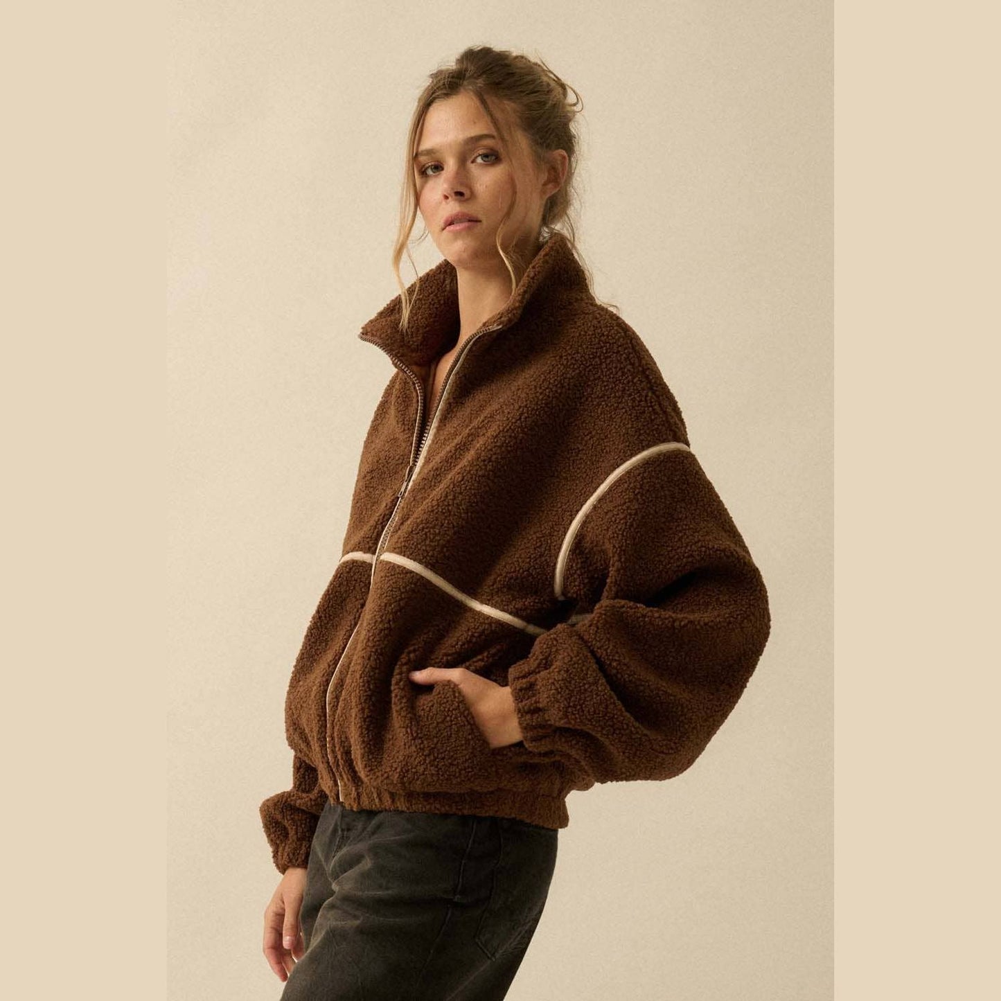 Faux Leather-Trimmed Sherpa Fleece Zip-Up Jacket