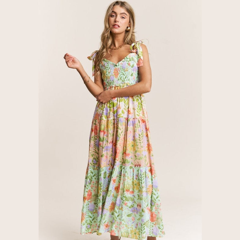 Patsy Smocked V-neck Tiered Multi Print Dress