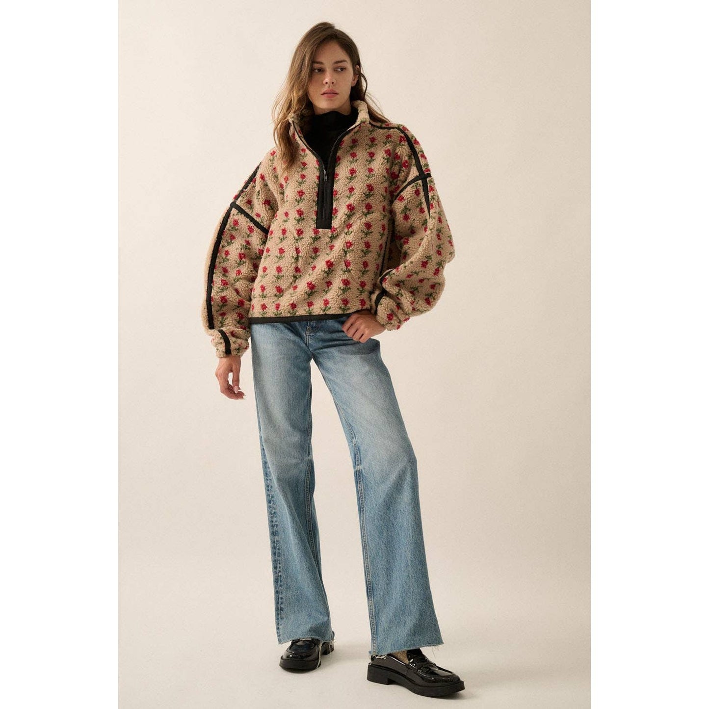 Floral-Print Fleece Half-Zip Pullover Jacket