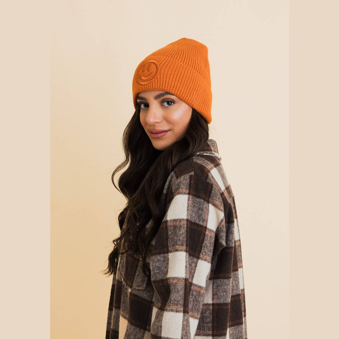 Happy Face Embroidered Ribbed Knit Beanie