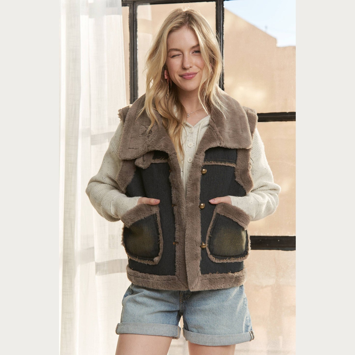 Knit Henly Denim Faux Fur Vest