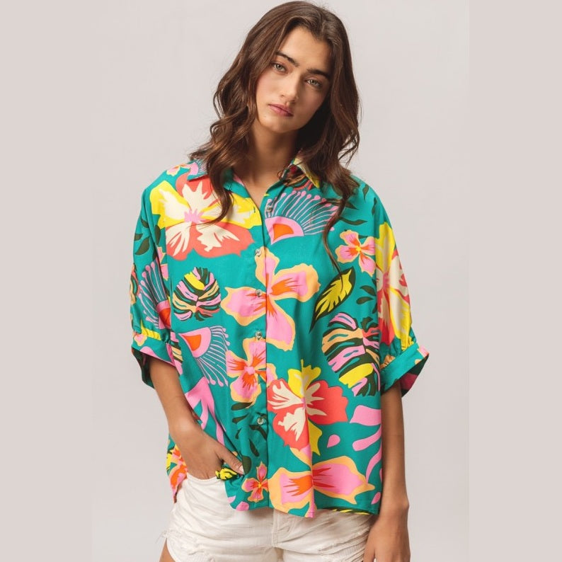 Floral Print Short Dolman Sleeve Blouse