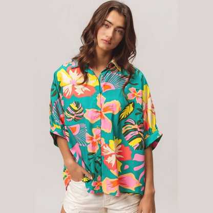 Floral Print Short Dolman Sleeve Blouse