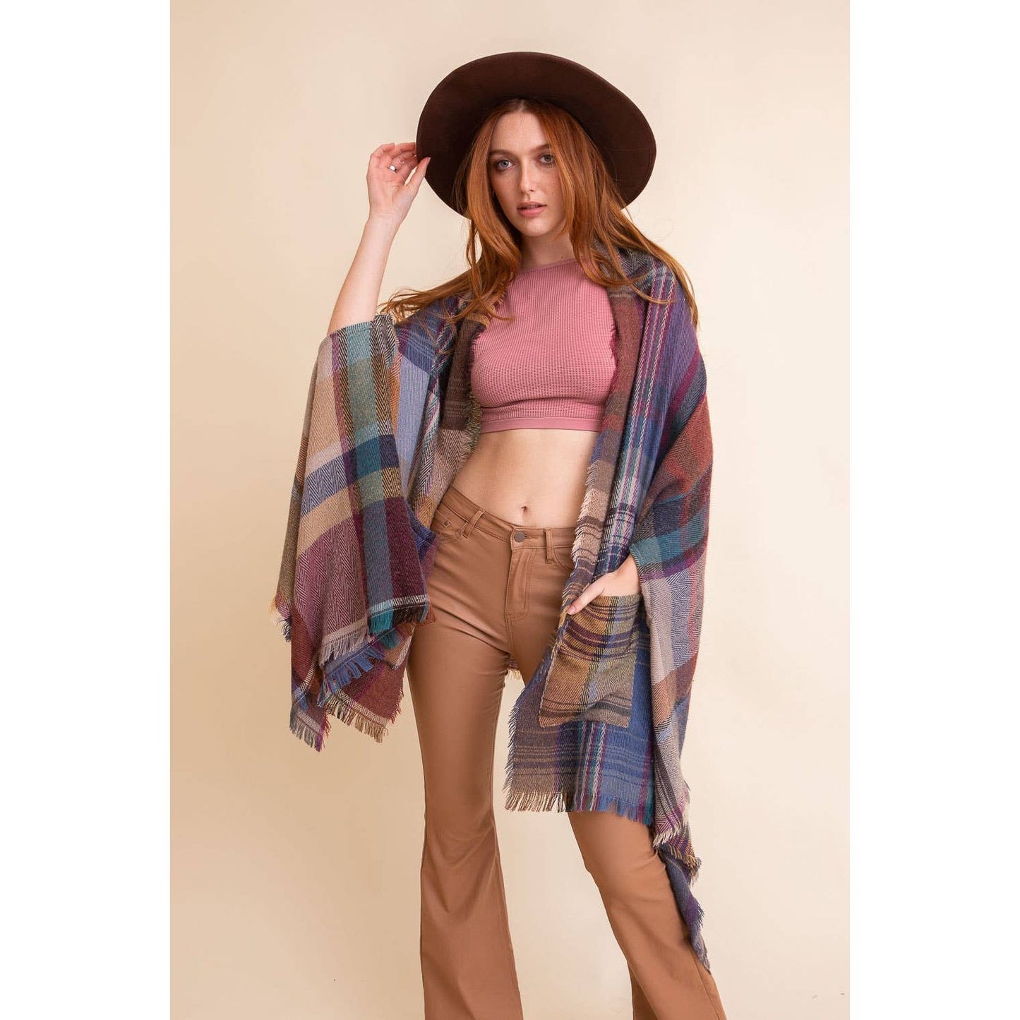 Multicolor Plaid Pocket Ruana