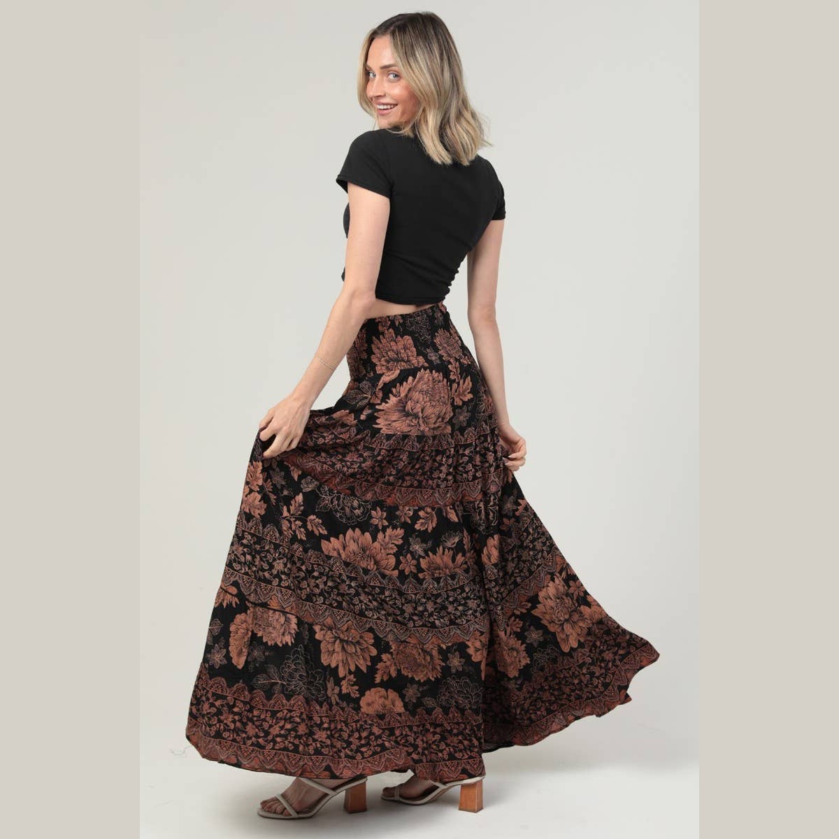 SMOCKED WAISTBAND TIERED A LINE MAXI SKIRT - The Feral Market