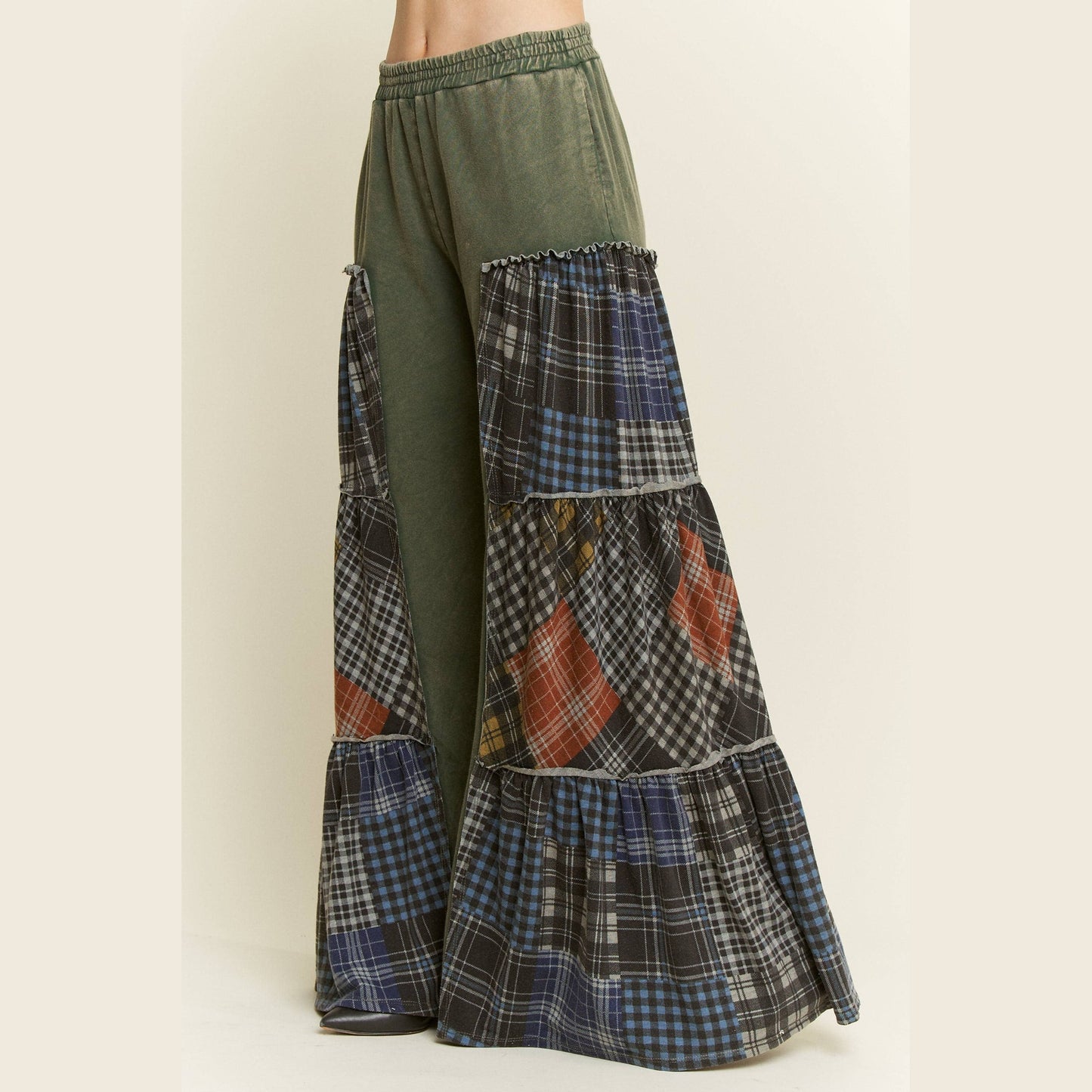Mineral Washed Tiered Plaid Wide Flare Pants