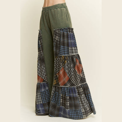 Mineral Washed Tiered Plaid Wide Flare Pants