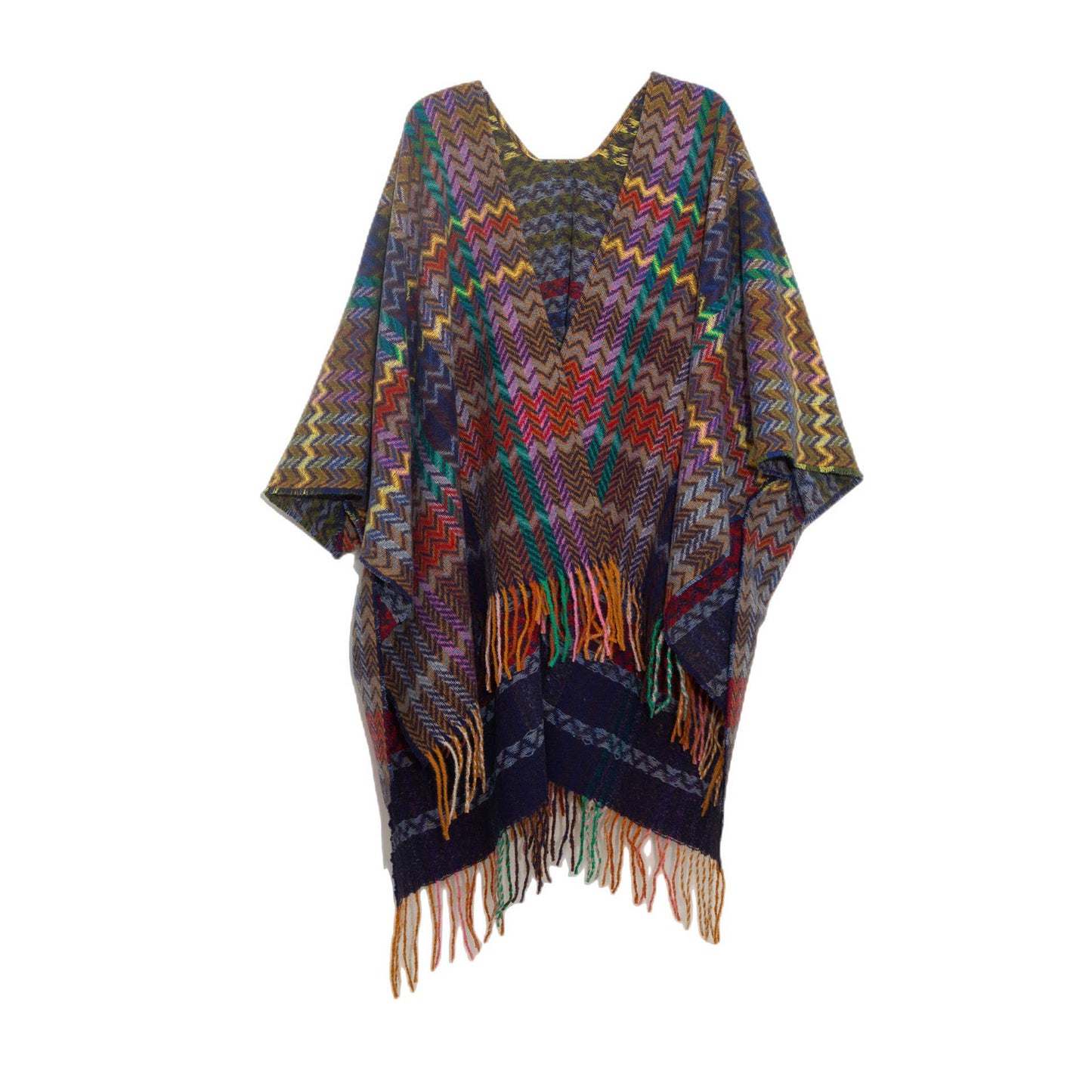 Plaid Ruana Multi-Colored Kimono shawl With Tassel Detail