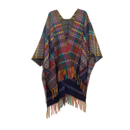 Plaid Ruana Multi-Colored Kimono shawl With Tassel Detail