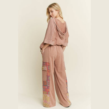 Mineral Wash Boho Crochet Floral Printed Pants