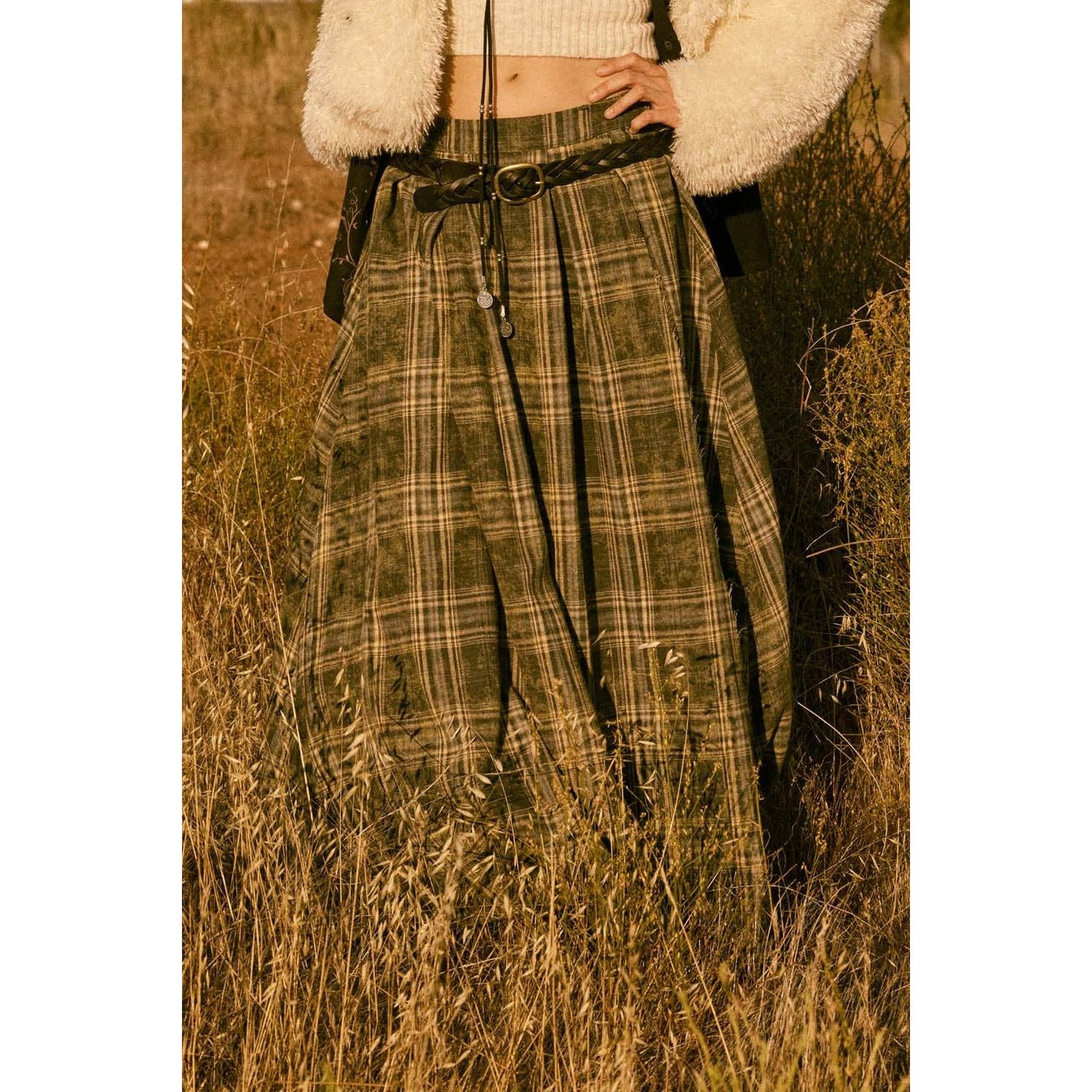 Plaid Flannel Pleated Wrapped Raw-Edge Maxi Skirt