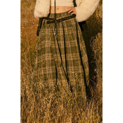 Plaid Flannel Pleated Wrapped Raw-Edge Maxi Skirt