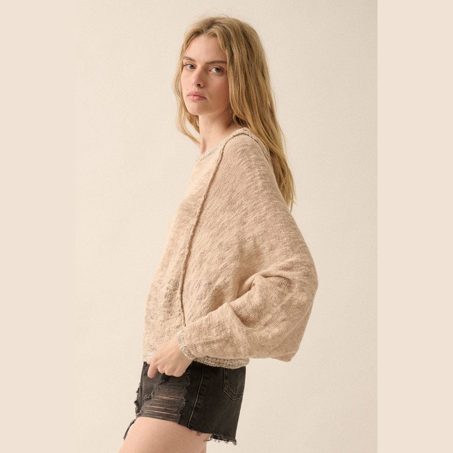 Burnout Knit Dolman-Sleeve Sweater