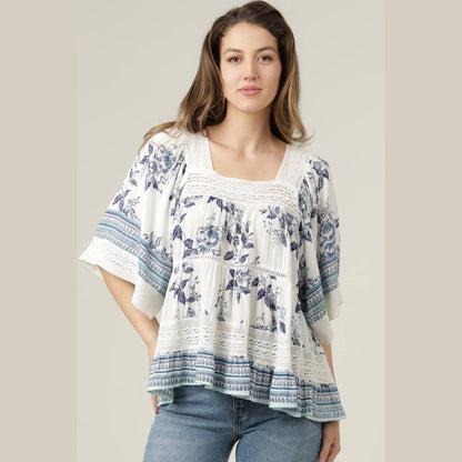 SQUARE NECK LACE TRIM FLORAL PRINT BLOUSE - The Feral Market