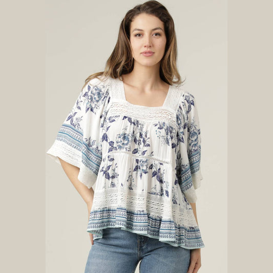 SQUARE NECK LACE TRIM FLORAL PRINT BLOUSE - The Feral Market