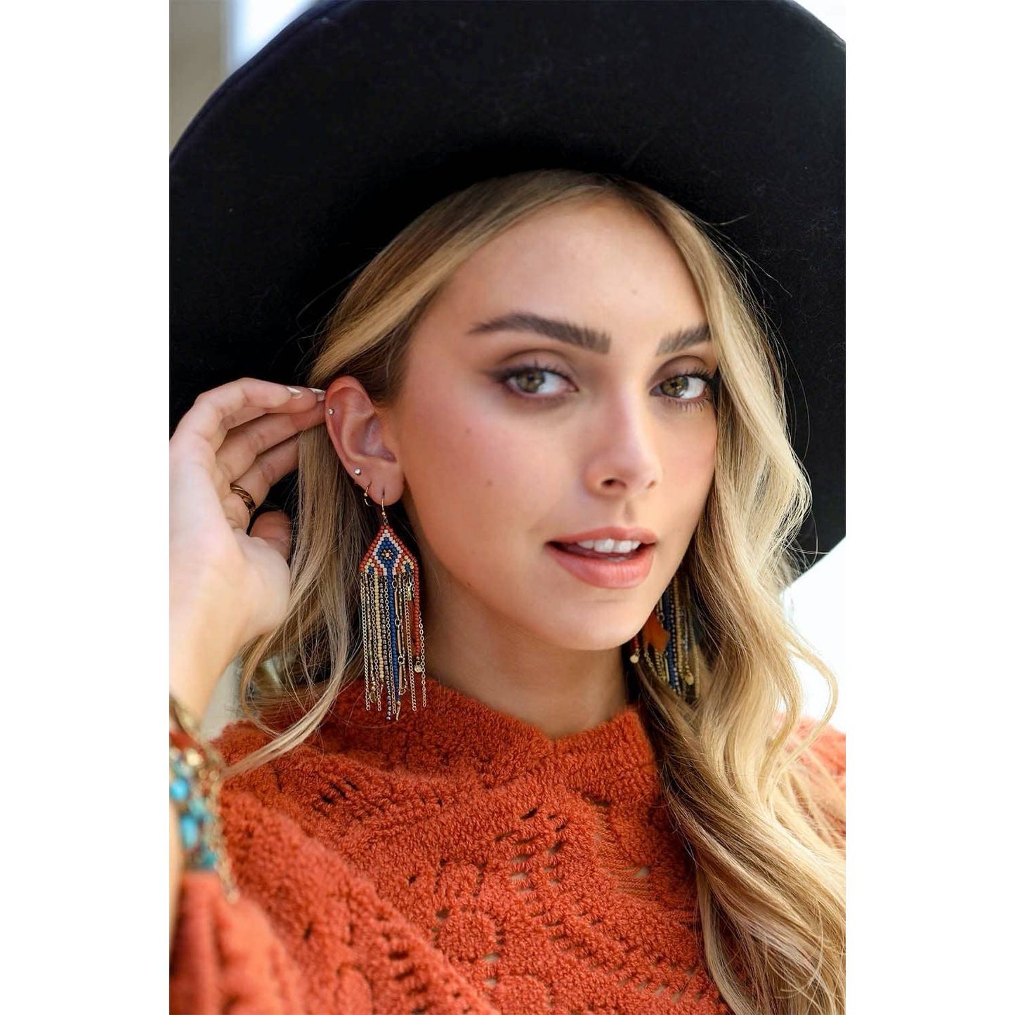 🌟 Statement Fringe Feather Bead Earrings