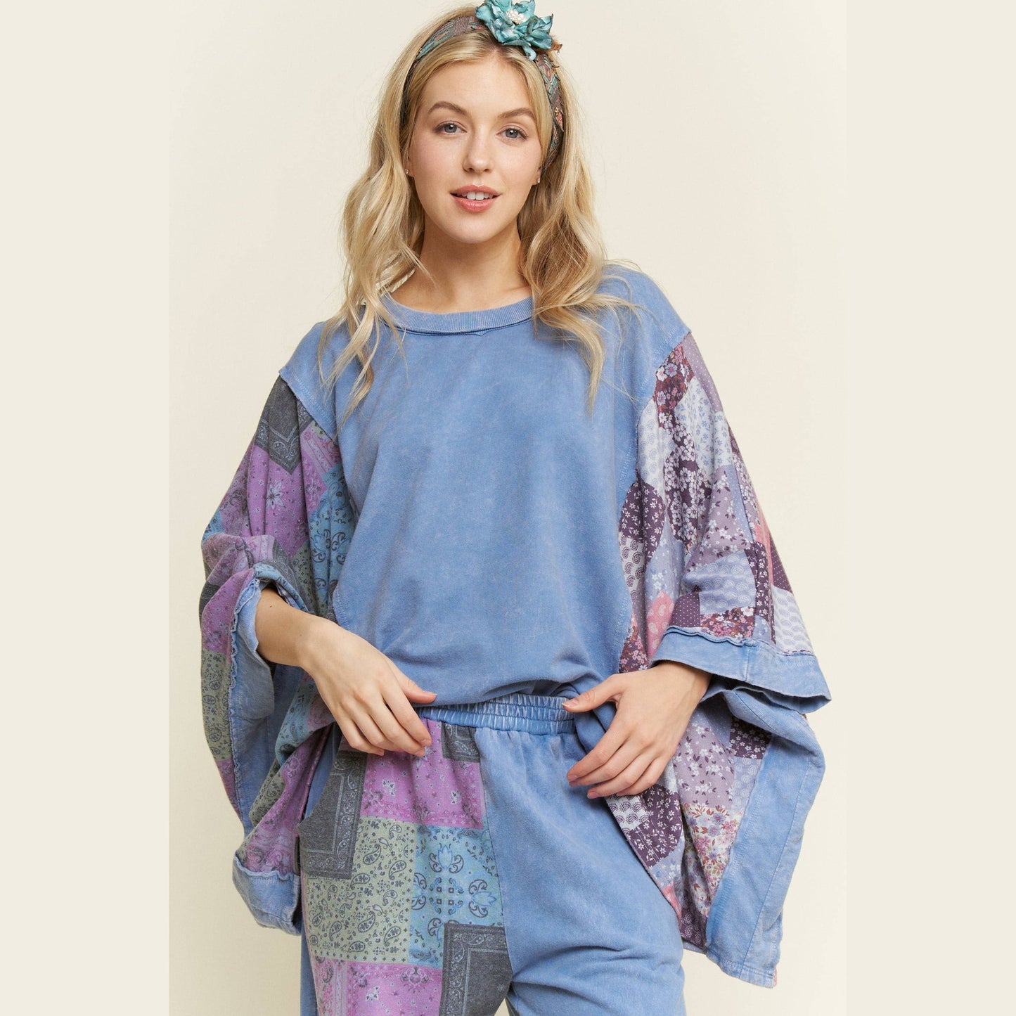 Mineral Washed Boho Patch Poncho Top