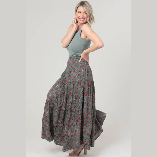 Tiered A-Line Floral Print Maxi Skirt