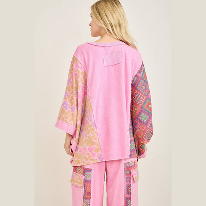 Mineral Washed Crochet Flower Printed Poncho
