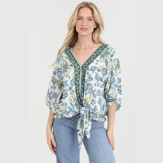 Blue and Green Floral V-Neck Kimono Top