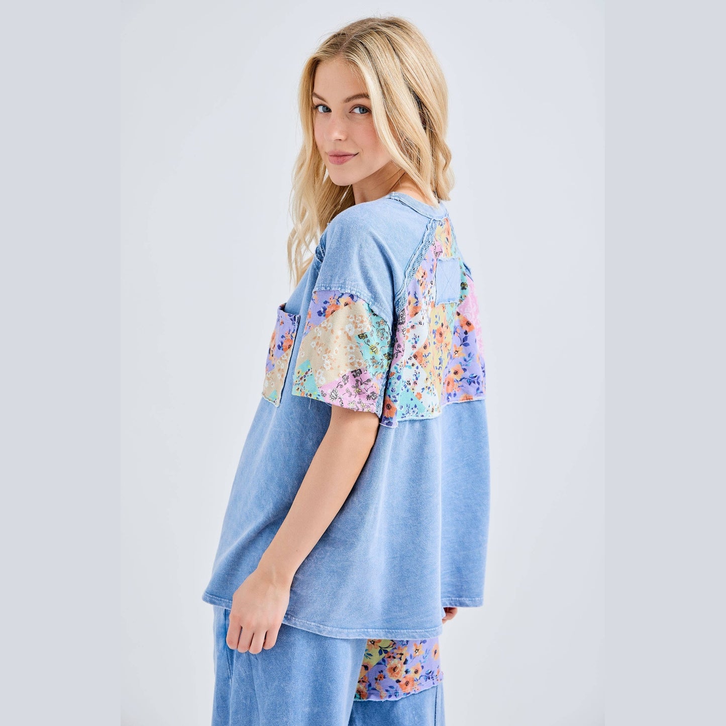 Mineral Washed Flower Patch Pocket Top