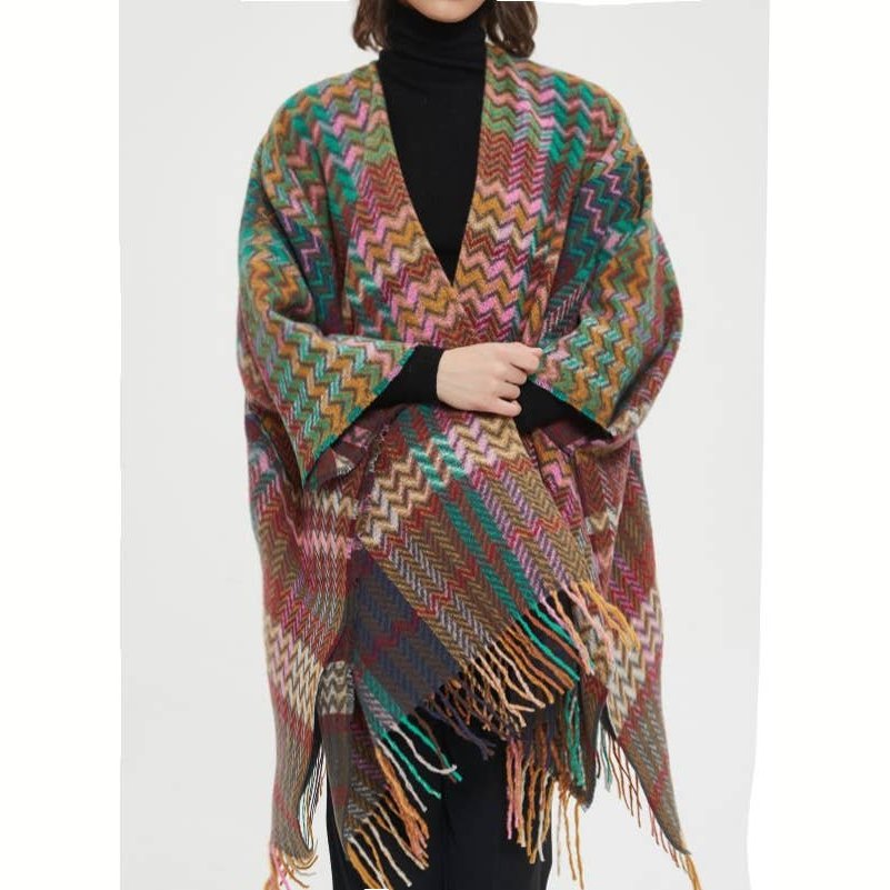 Plaid Ruana Multi-Colored Kimono shawl With Tassel Detail