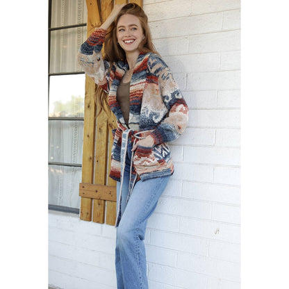 WIDE COLLAR SWEATER JACKET WITH WAIST TIE