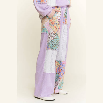 Mineral Washed Floral Wave Knit Jacquard Boho Pants