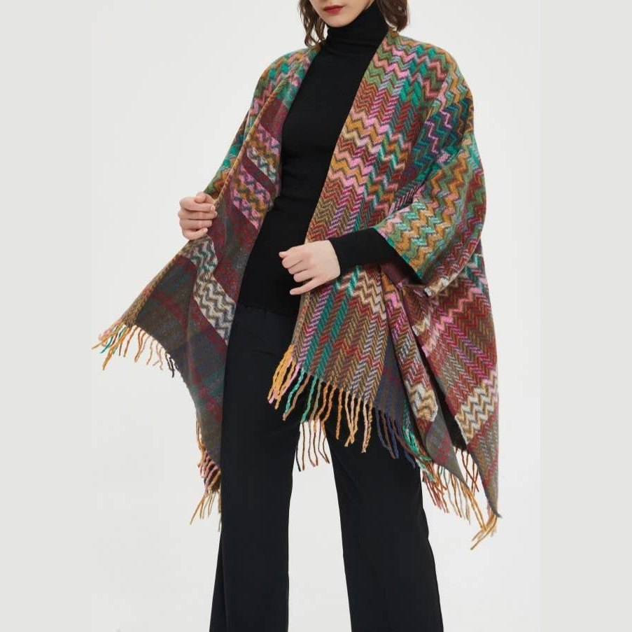 Plaid Ruana Multi-Colored Kimono shawl With Tassel Detail